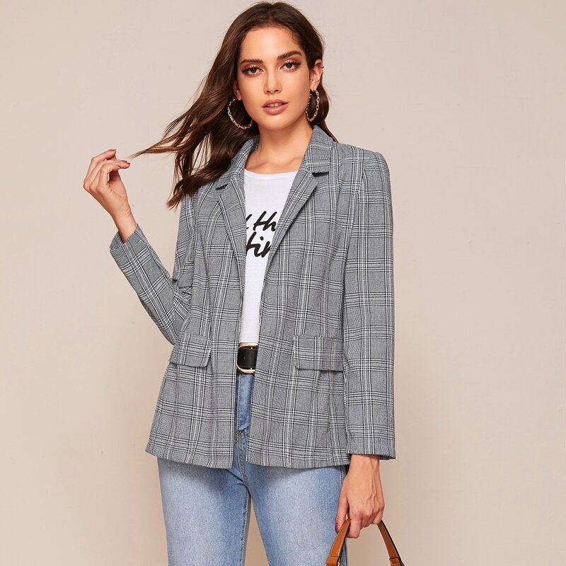 

Lapel Collar Flap Detail Plaid Blazer, Grey
