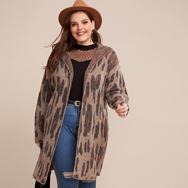 

Plus Open Front Shawl Collar Leopard Sweater Coat, Multicolor