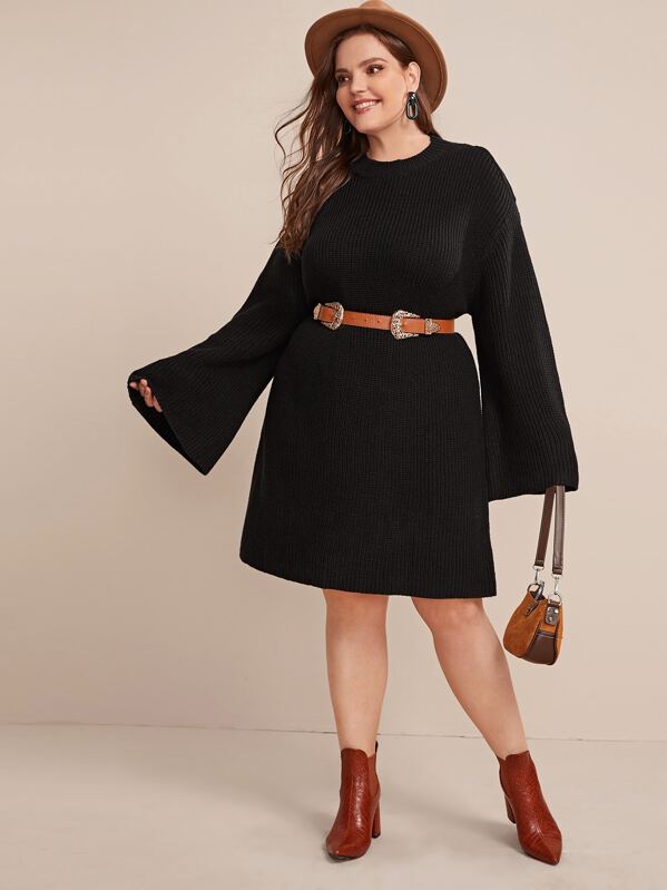 

Plus Cold Shoulder Sweater Dress Without Belt, Black, Ella