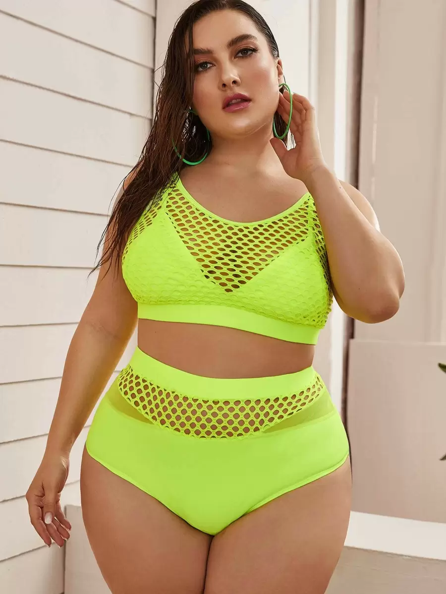 SHEIN Swim Curve 大碼螢光綠漁網覆蓋比基尼套裝吊帶上衣和高腰下裝2入組泳衣 - 青檸色 - 查看 1