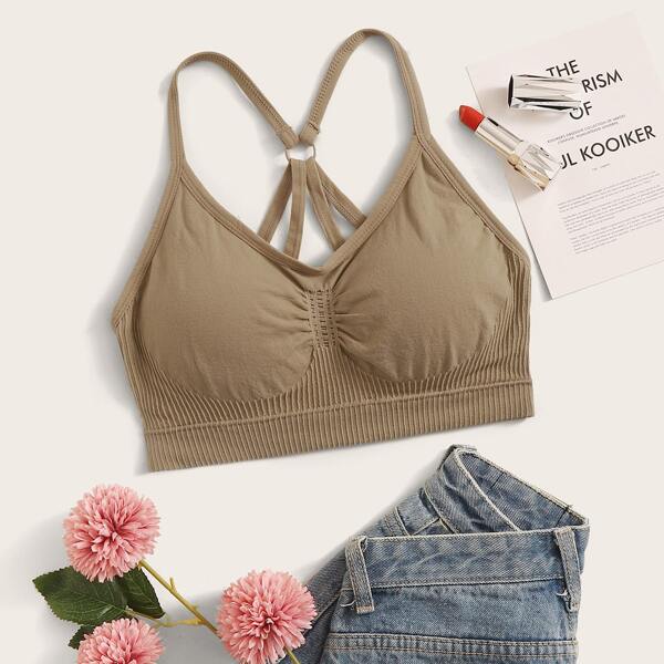 

Ruched Criss Cross Ribbed Bralette, Khaki