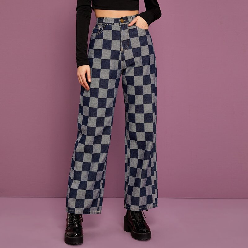 

Pocket Back Plaid Pattern Jeans, Multicolor