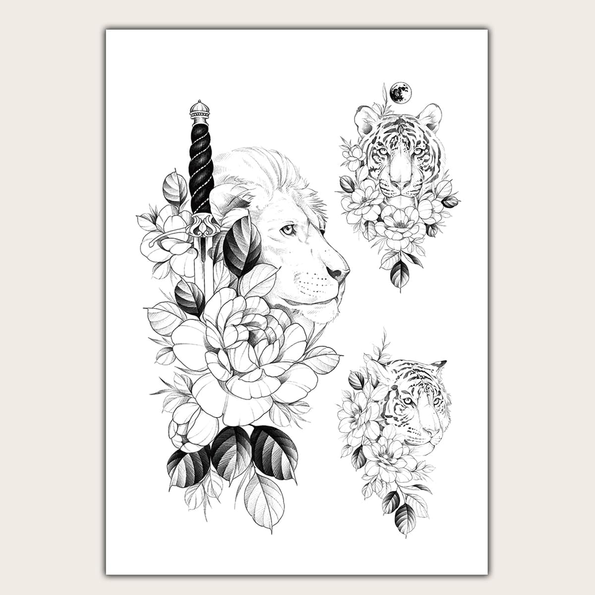 

Lion & Flower Pattern Temporary Tattoo, Black