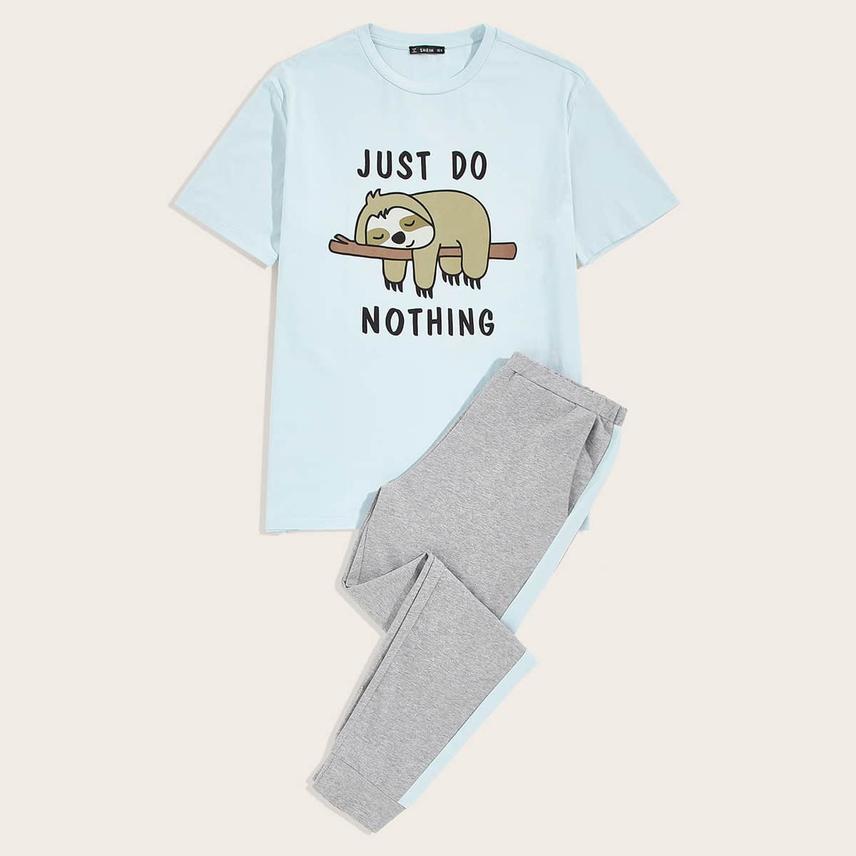 

Guys Cartoon Graphic Tee & Contrast Seam Side Sweatpants PJ Set, Multicolor