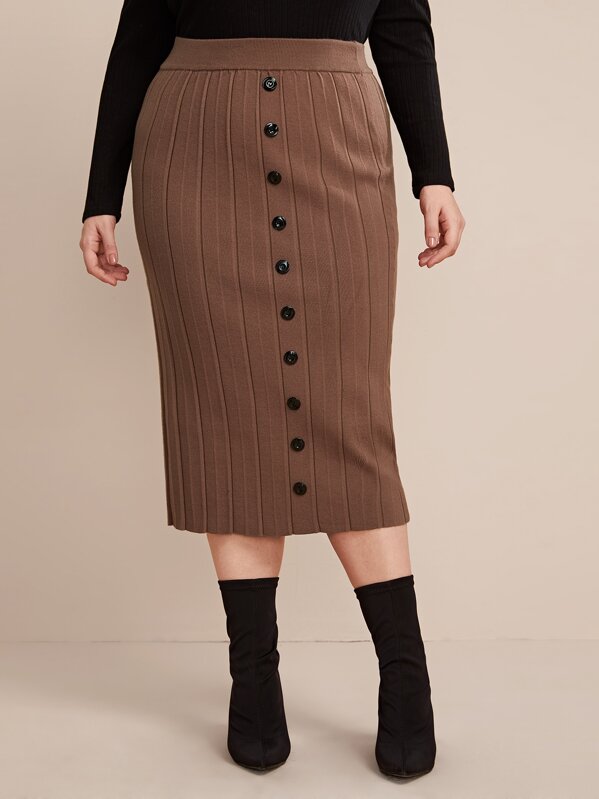 

Plus Button Front Rib-knit Sweater Skirt, Brown, Ella