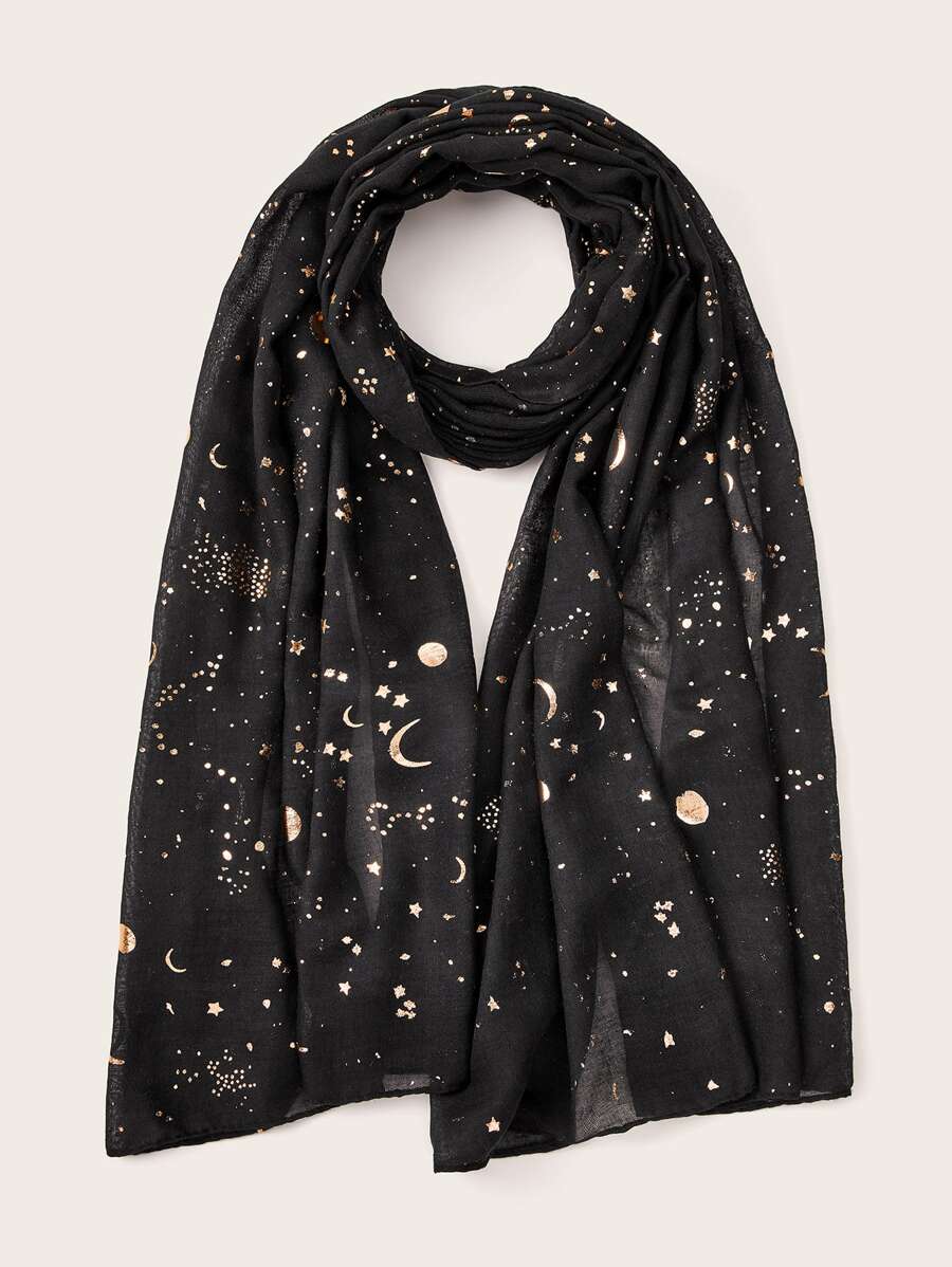 Moon & Star Pattern Scarf - Black - View 1