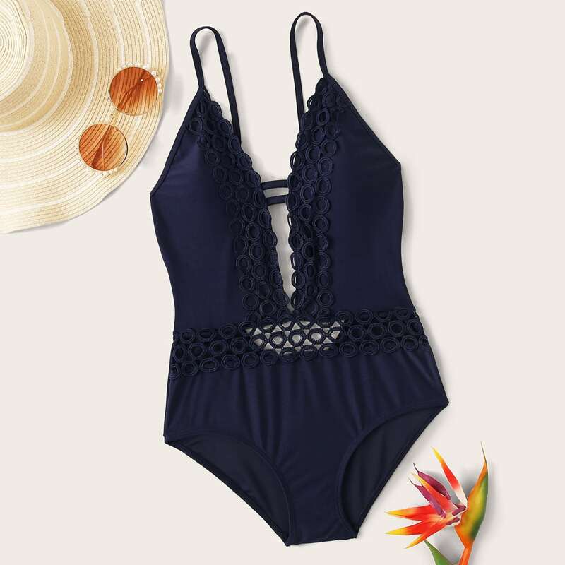 

Hollow Out Open Back One Piece Swimwear, Navy