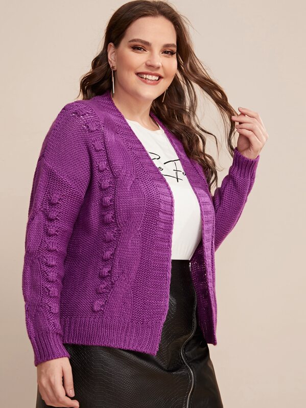 

Plus Popcorn and Cable Knit Open Front Sweater Coat, Purple, Ella