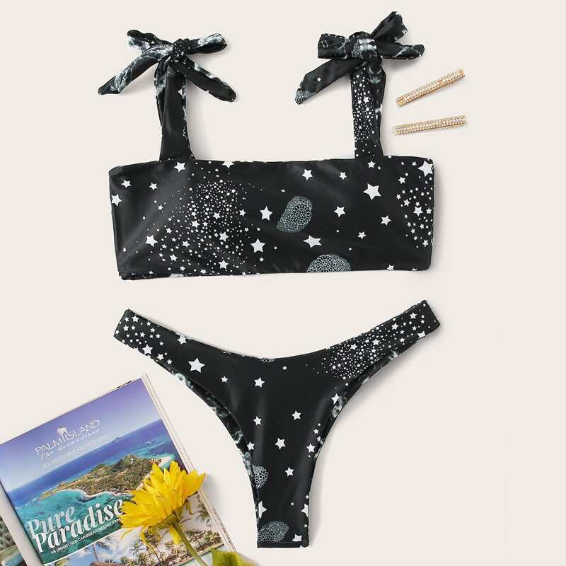 

Shoulder Knot Star Print Bikini Set, Multicolor