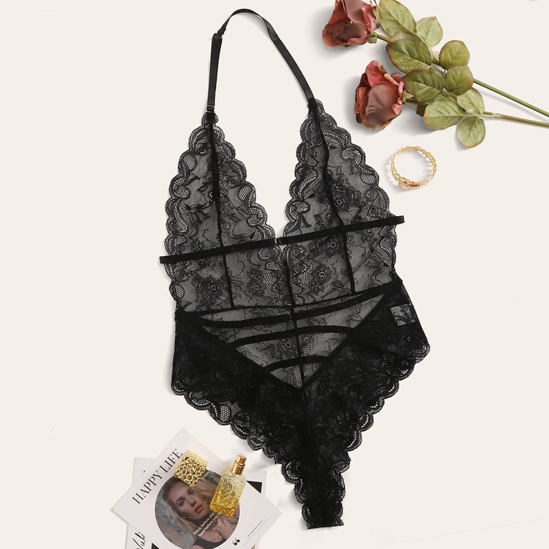 

Floral Lace Sheer Teddy Bodysuit, Black