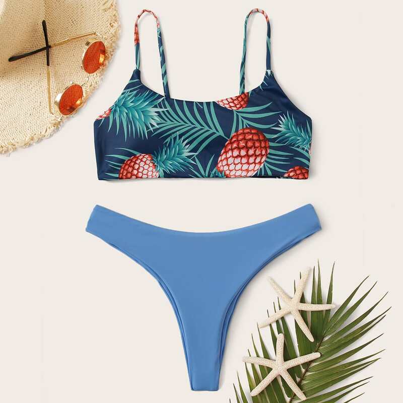 

Pineapple Print Top With High Cut Bikini Set, Multicolor