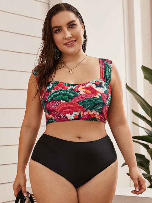 

Plus Floral Print Top With High Waist Bikini, Multicolor, Franziska