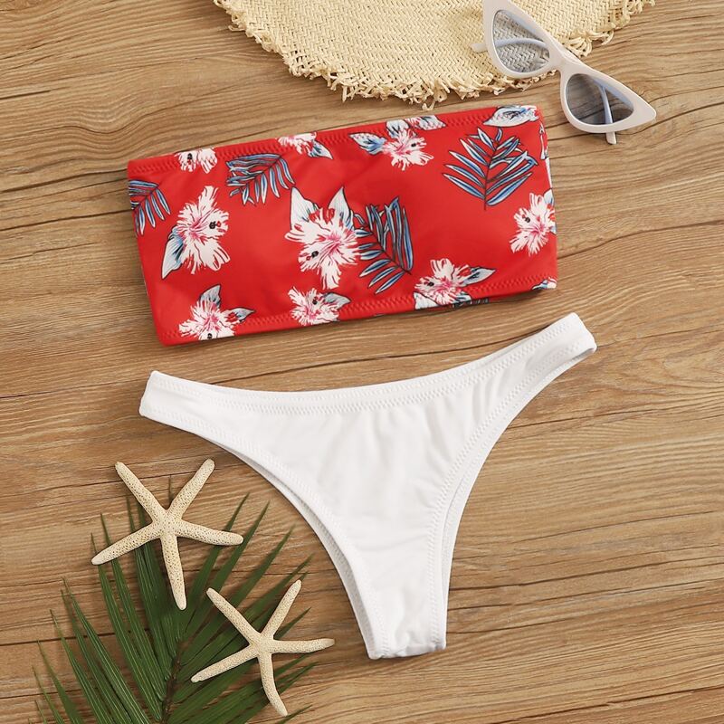 

Lace-up Back Floral Print Bandeau Bikini Set, Multicolor