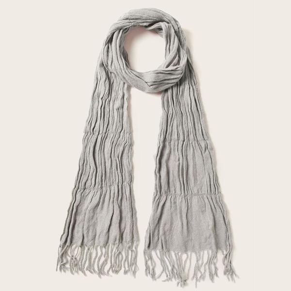 

Pleated Fringe Hem Scarf, Grey