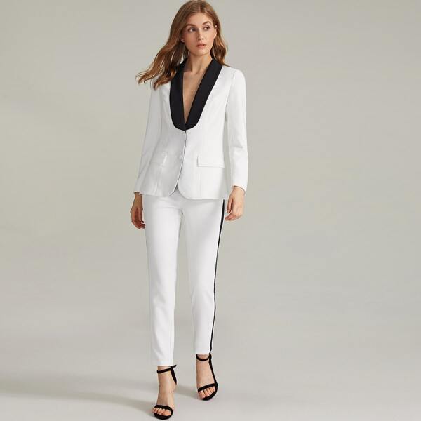 

Contrast Shawl Collar Blazer and Tailored Pants Set, White