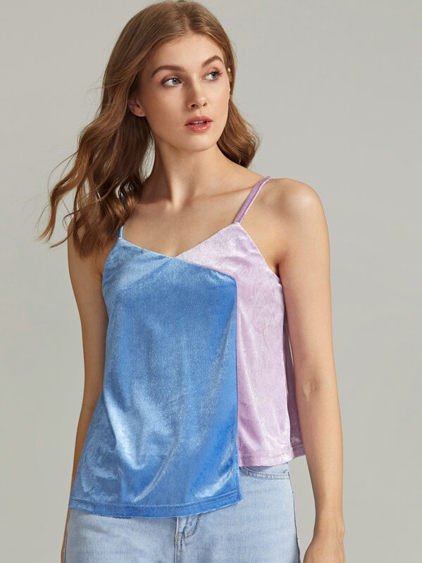 

Asymmetrical Hem Colorblock Velvet Cami Top, Multicolor, Varvara P
