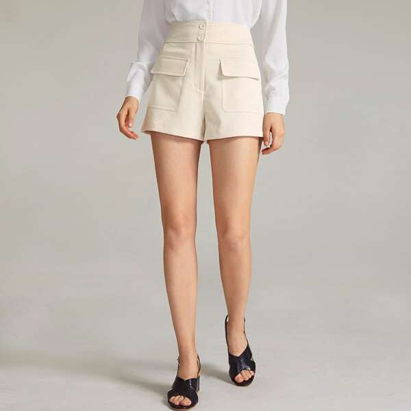 

Premium High Waist Flap Pocket Front Shorts, Beige
