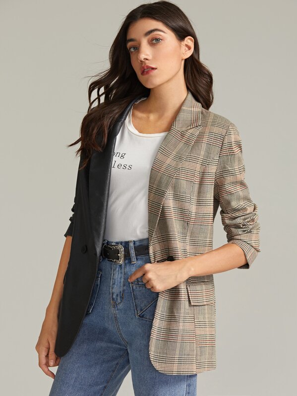 

Premium Notched Collar Mixed Media Plaid Blazer, Multicolor, JULIAk