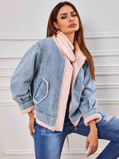 Lined Shearling Buckle Detail Denim Jacket