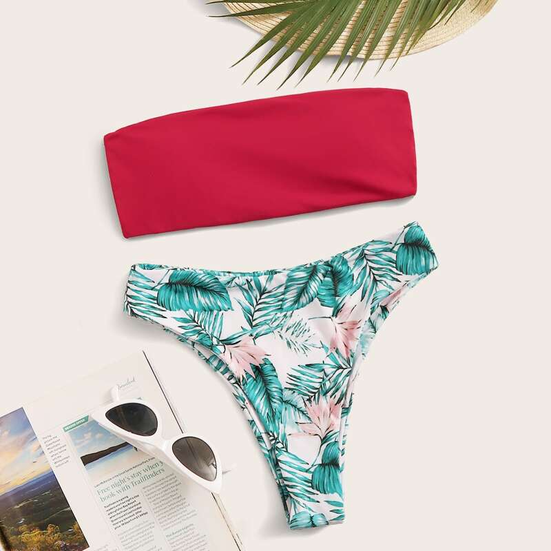 

Bandeau Top With Tropical Print Bikini Set, Multicolor