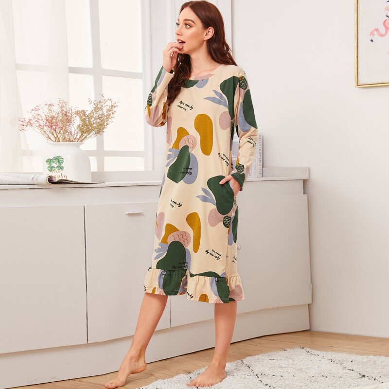 

Colorblock Fruit Print Ruffle Trim Night Dress, Multicolor