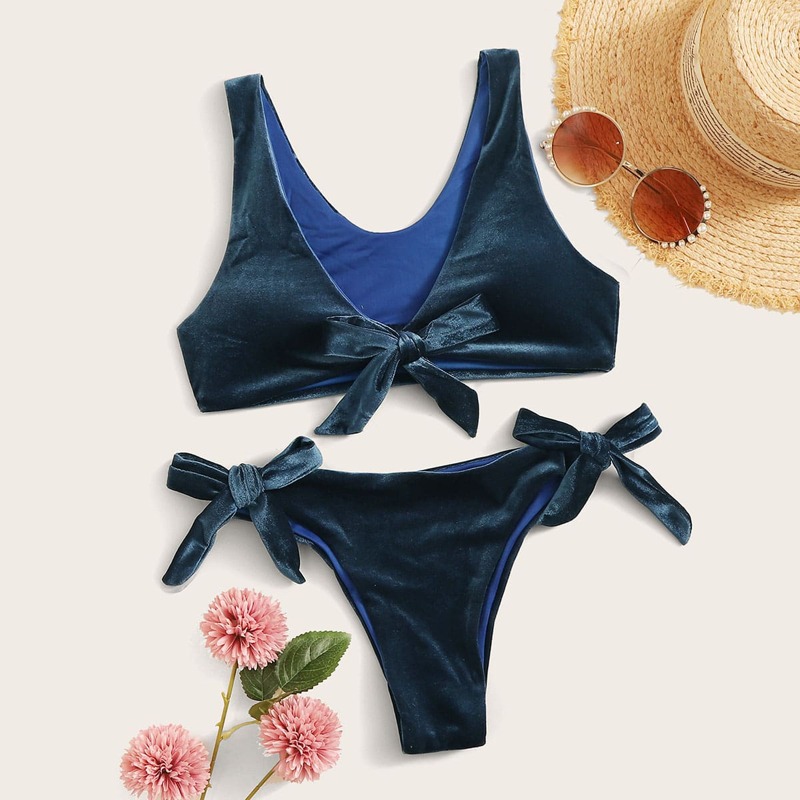 

Velvet Knot Front Top With Tie Side Bikini Set, Navy