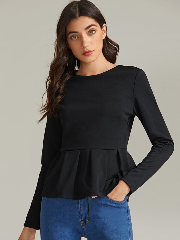 

Zip Back Ruffle Hem Solid Tee, Black, JULIAk