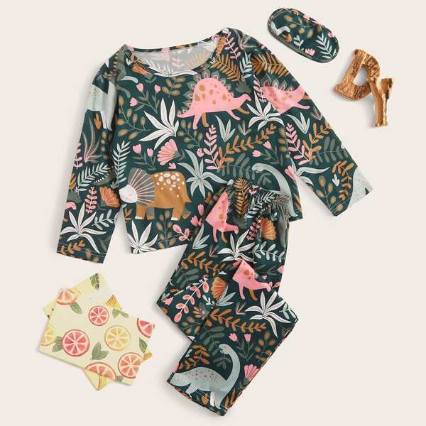 

Girls Cartoon Dinosaur Print PJ Set & Eye Cover, Multicolor
