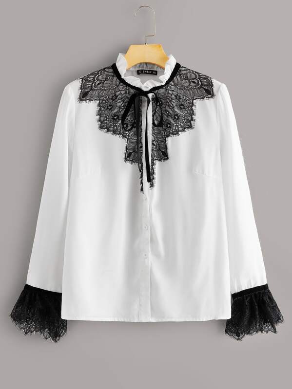 

Tie Neck Eyelash Lace Trim Frill Top, White, Andy