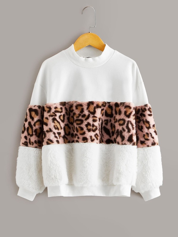 

Girls Contrast Leopard Panel Teddy Pullover, White