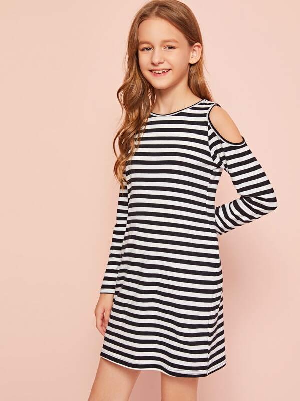 

Girls Cold Shoulder Striped T-shirt Dress, Black and white, Sashab
