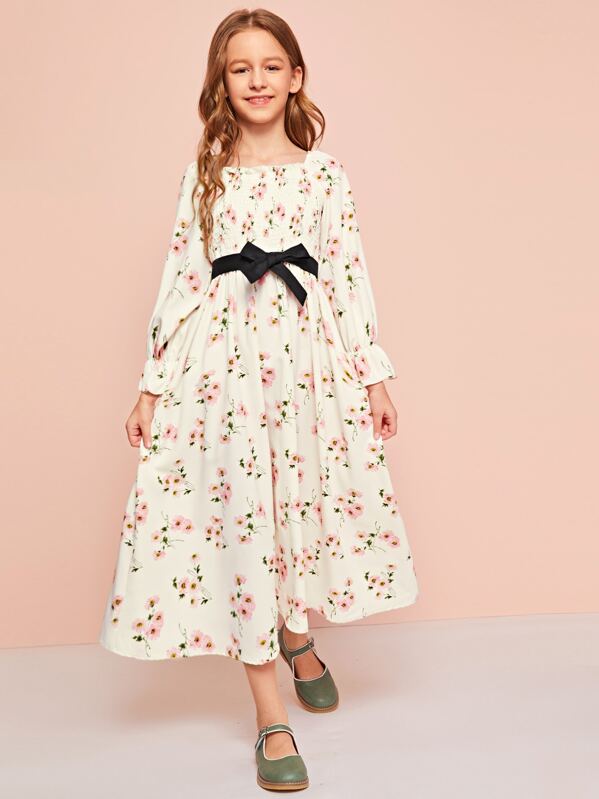 

Girls Shirred Bodice Bell Sleeve Belted Floral Dress, Beige, Sashab