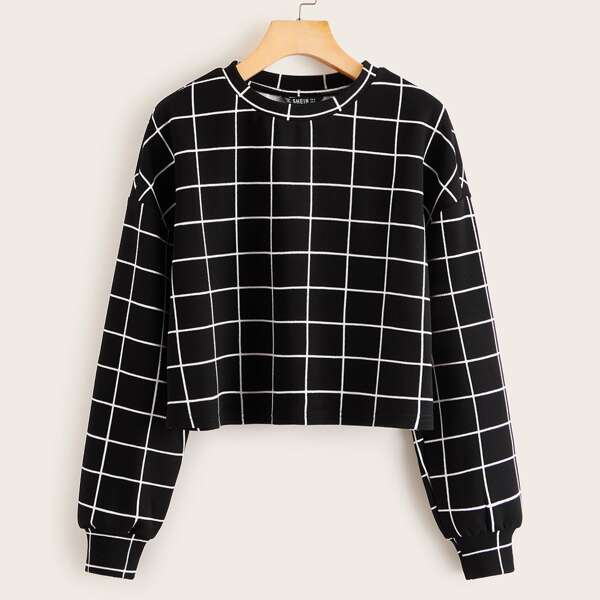 

Drop Shoulder Grid Print Top, Black