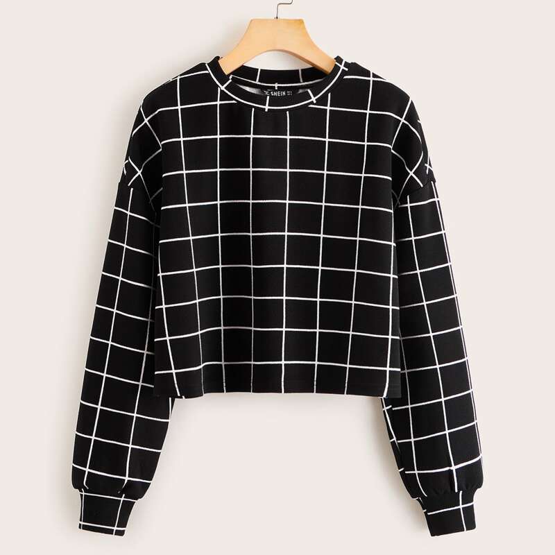 

Drop Shoulder Grid Print Top, Black