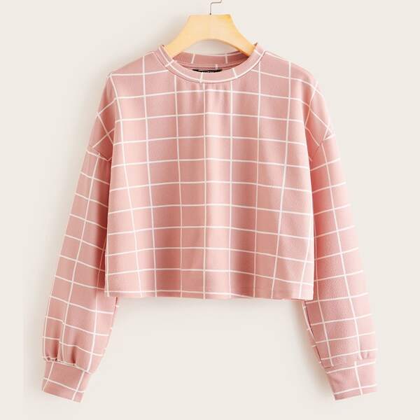 

Drop Shoulder Grid Crop Top, Coral pink