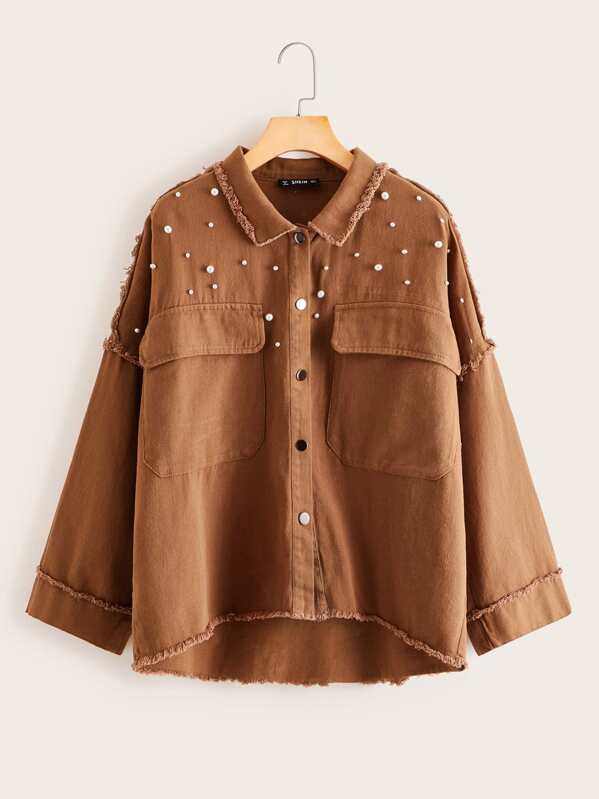 

Pearl Beaded Raw Trim Dip Hem Trucker Jacket, Brown