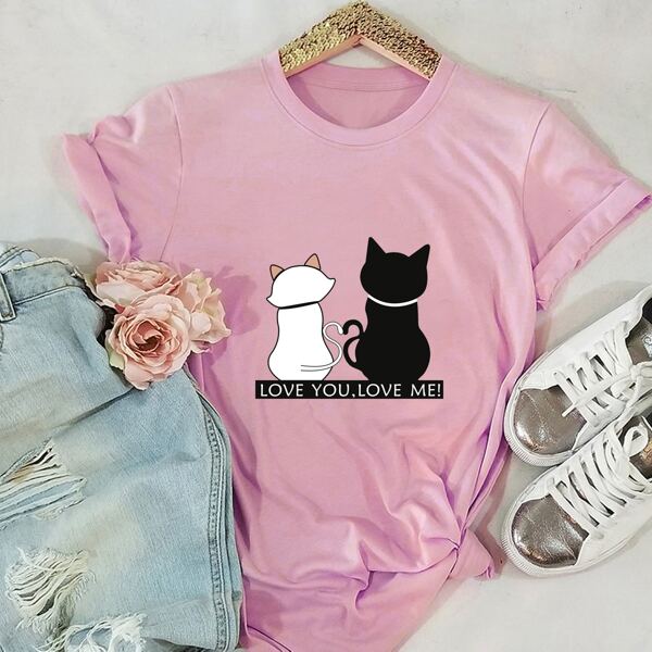 

Cat And Slogan Graphic Tee, Baby pink