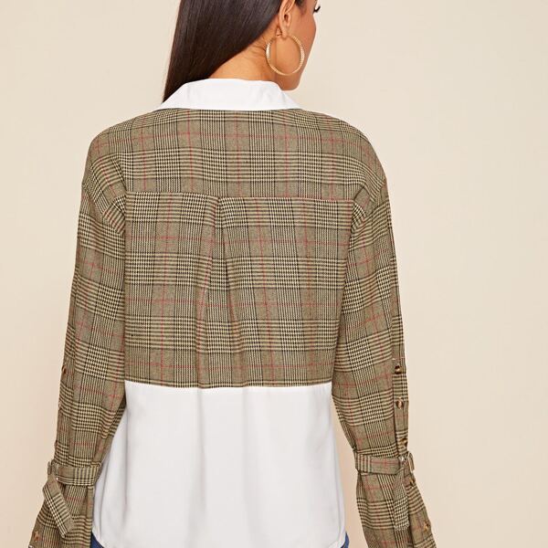 

Belted Sleeve Plaid Spliced Button Up Blouse, Multicolor