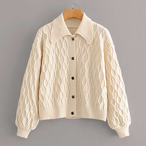 

Cable-Knit Button Up Cardigan, Beige
