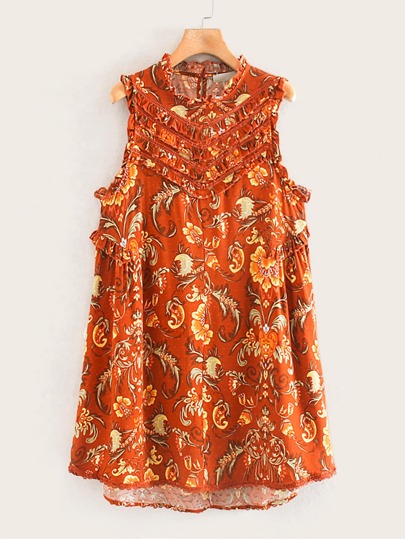 Floral Print Keyhole Back Frill Trim Mini Dress