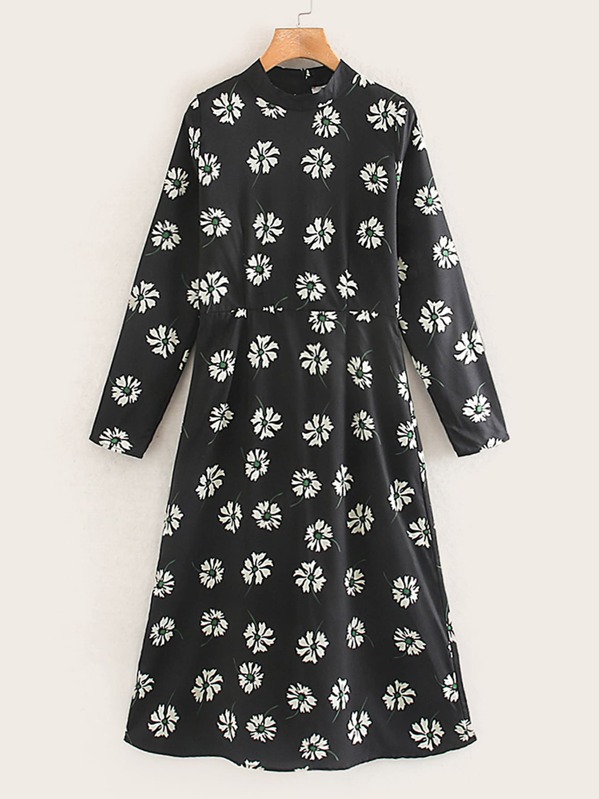 

Floral Print Zip Back A-line Dress, Black