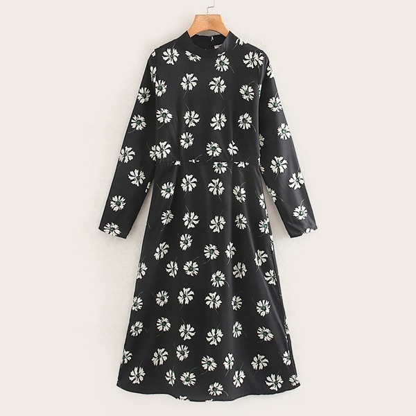 

Floral Print Zip Back A-line Dress, Black
