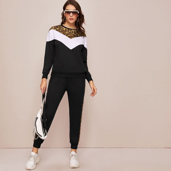 

Contrast Leopard Print Chevron Sweatshirt & Sweatpants, Multicolor