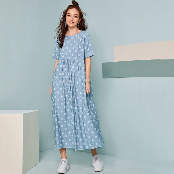 

Dandelion Print Dual Pockets Smock Dress, Blue