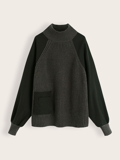 Rib-Knit Raglan Sleeve Spliced Sweater