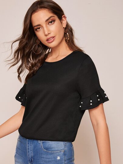 Pearls Decoration Flounce Sleeve Tee