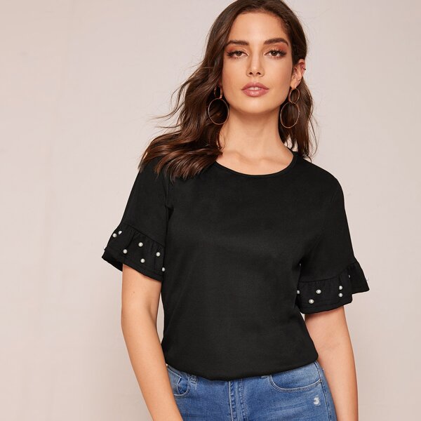 

Pearls Decoration Flounce Sleeve Tee, Black