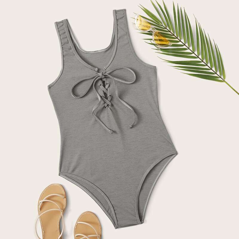 

Lace Up Front One Piece Swimwear, Grey