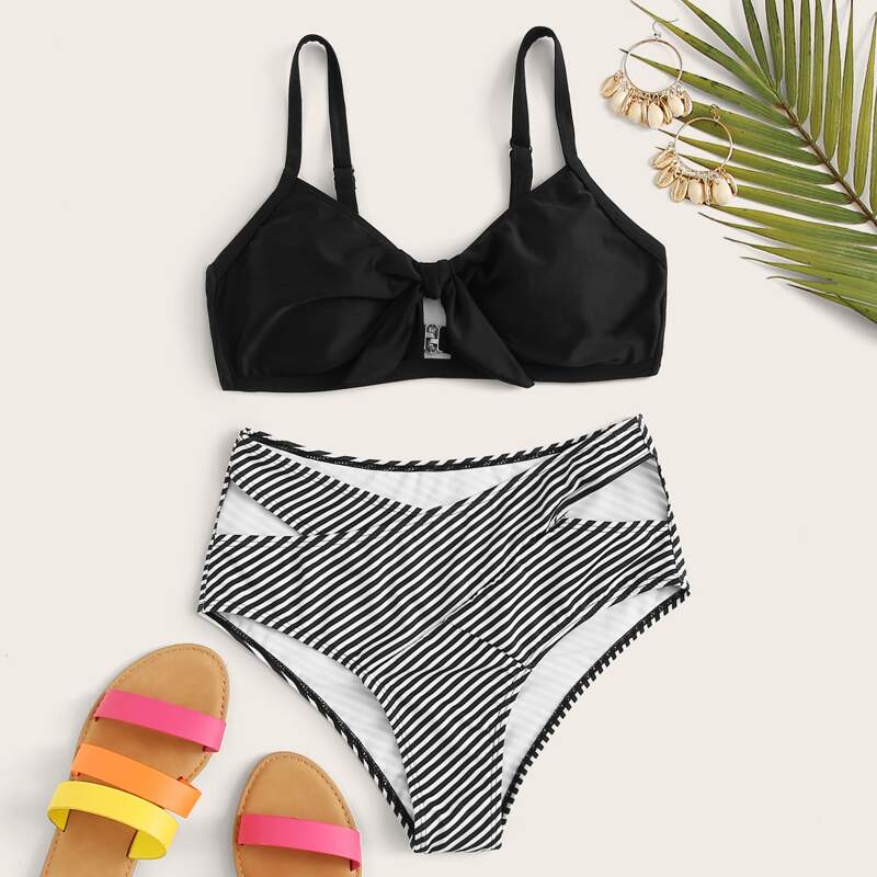 

Knot Front Striped Bikini Swimsuit, Black and white