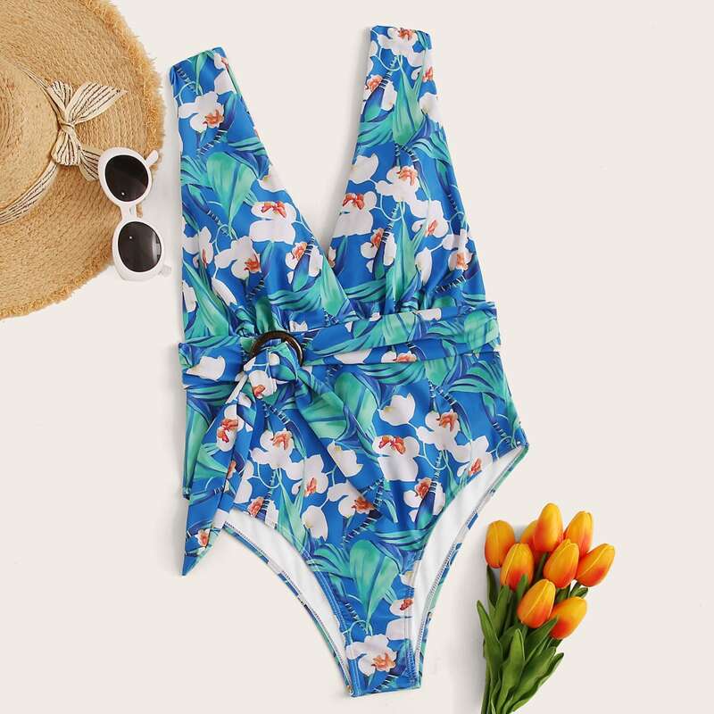 

Floral Random Print Knot Front One Piece Swimwear, Blue
